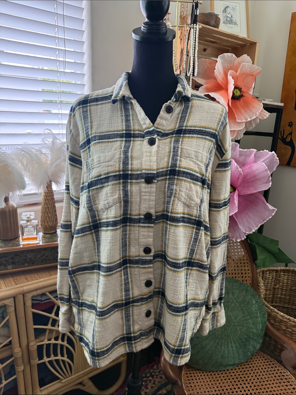 Madewell Cream Plaid Button Up Cozy Cabin Flannel Shirt